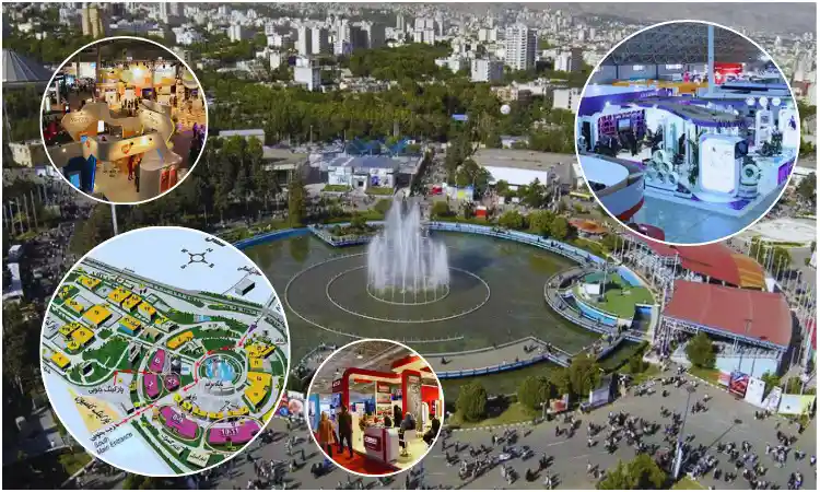 نمای بیرونی نمایشگاه بین المللی تهران به همراه غرفه‌ها، نقشه‌ ی جانمایی سالن‌ ها و فضای داخلی نمایشگاه‌