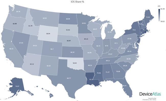 درصد دارندگان اندروید و IOS در ایالت های آمریکا