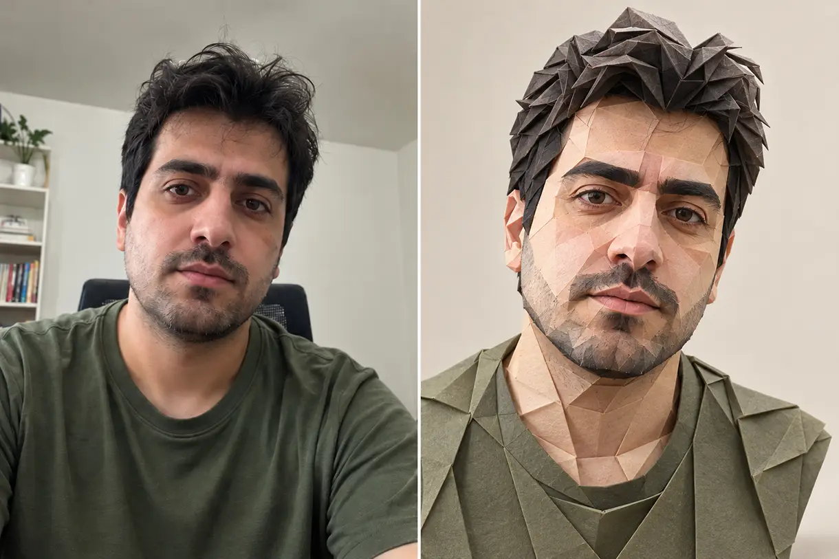 مقایسه عکس چهره قبل و بعد از استفاده از پرامپت هوش مصنوعی؛ در سمت چپ تصویر اصلی یک مرد جوان و در سمت راست همان چهره با حفظ هویت و ویژگی‌های صورت به سبک پرتره اوریگامی سه‌بعدی تبدیل شده است.